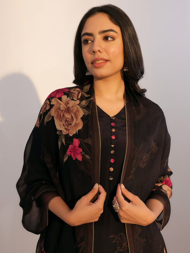 Black Printed Silk Blend Straight Suit With Dupatta