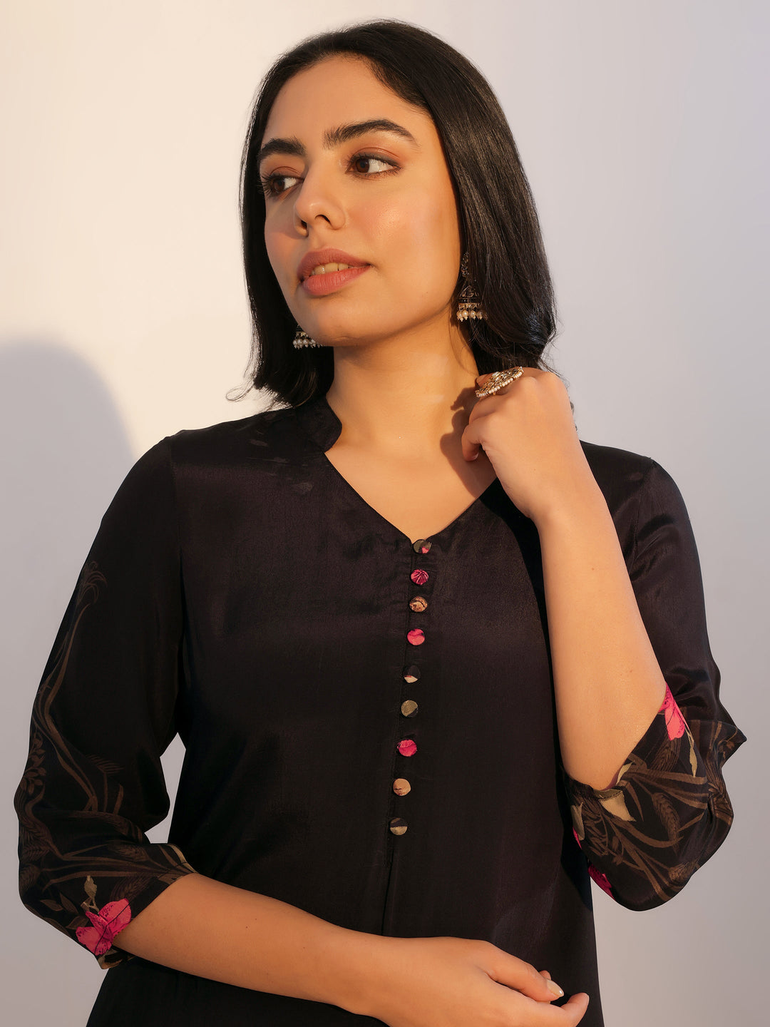 Black Printed Silk Blend Straight Suit With Dupatta