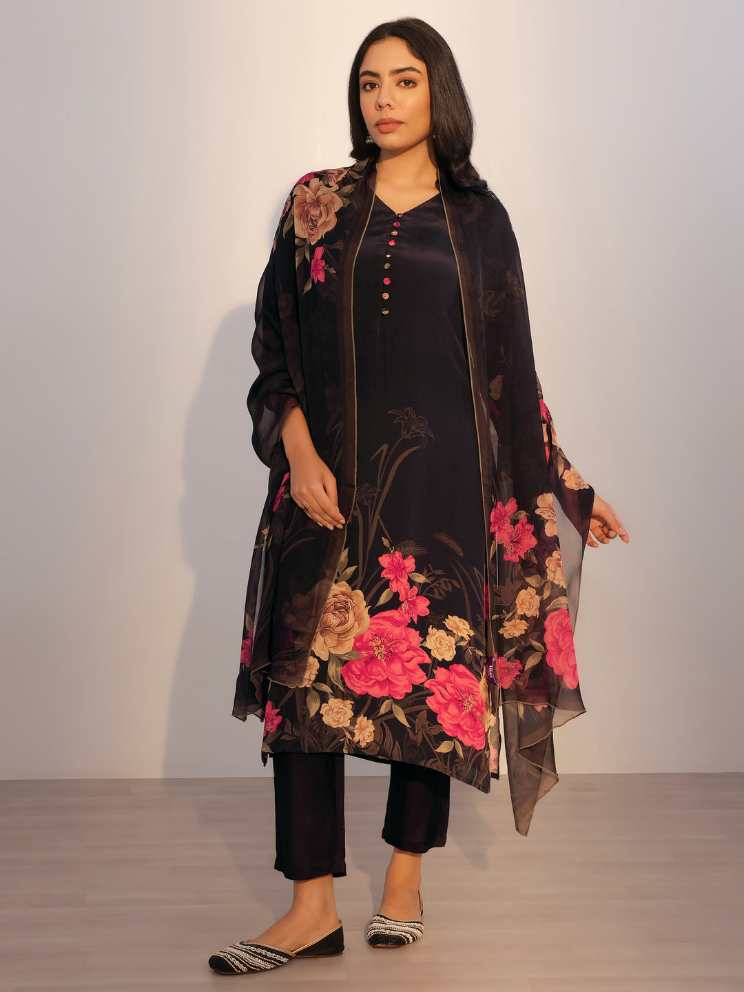 Black Printed Silk Blend Straight Suit With Dupatta