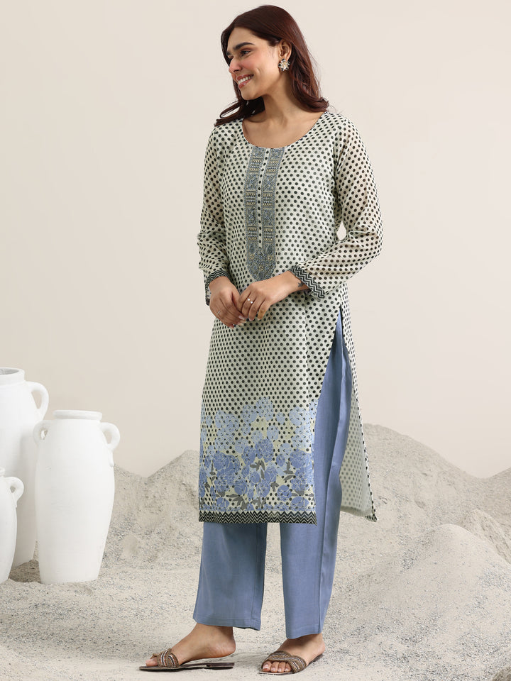 Off White Printed Linen Straight Suit With Dupatta