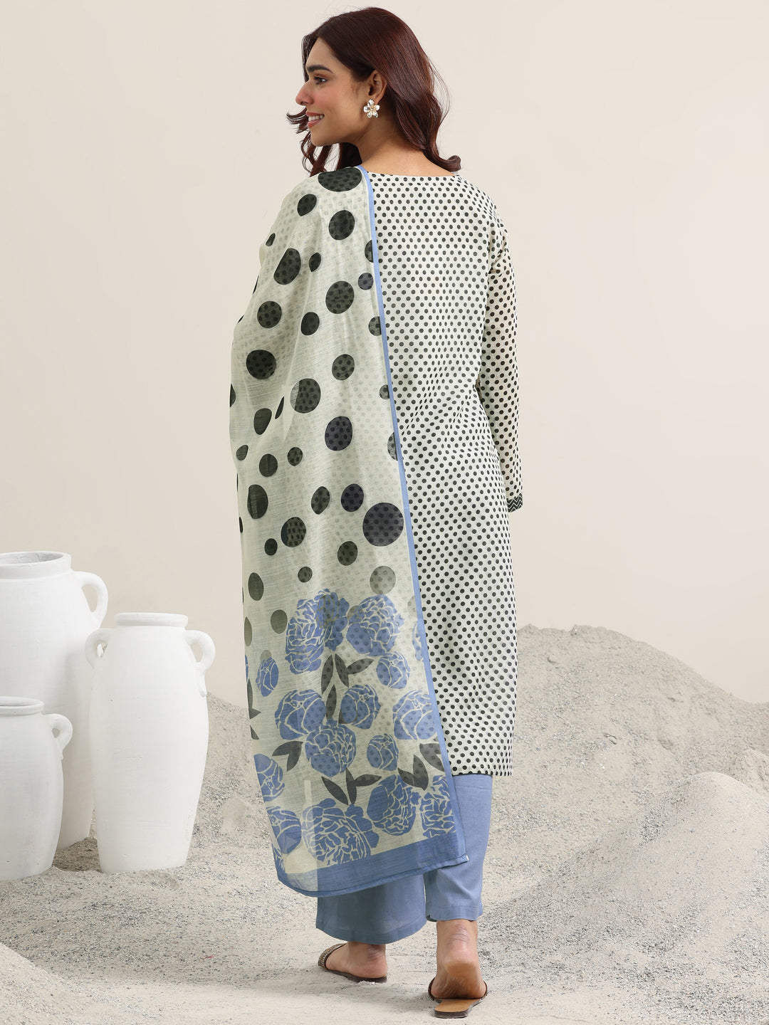 Off White Printed Linen Straight Suit With Dupatta