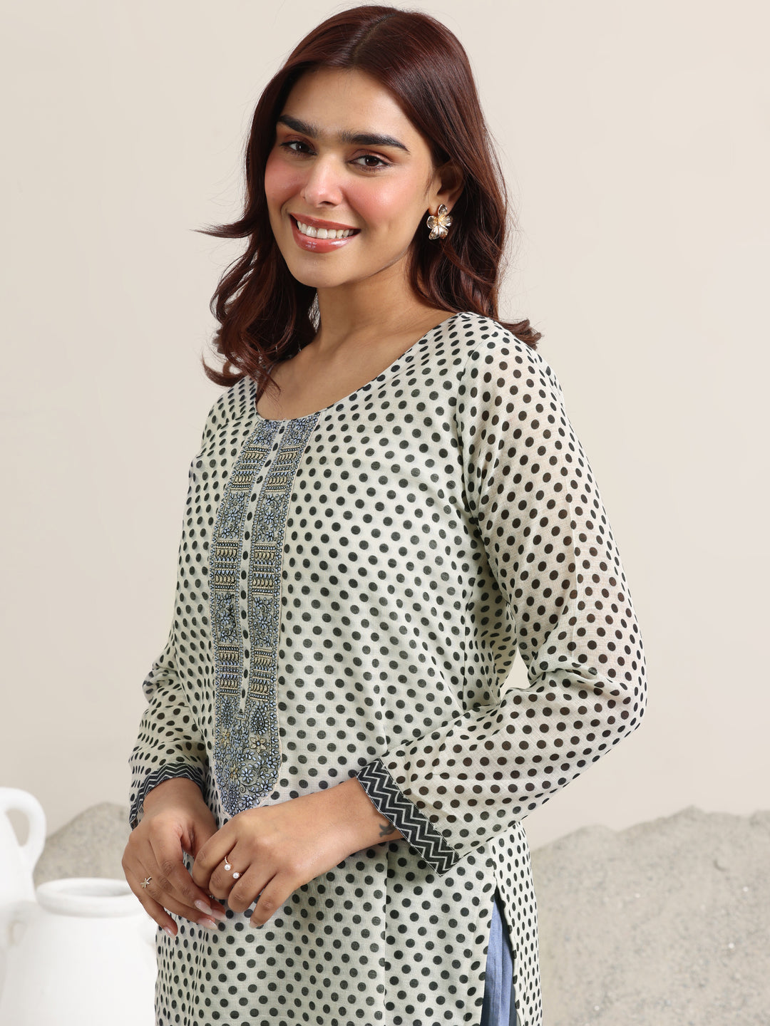 Off White Printed Linen Straight Suit With Dupatta