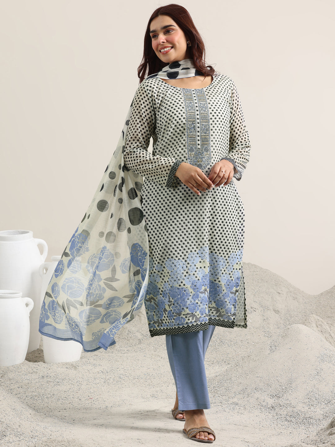 Off White Printed Linen Straight Suit With Dupatta