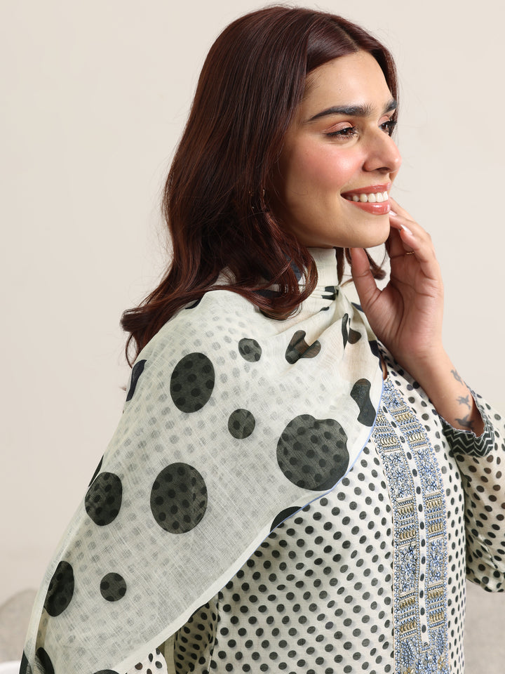 Off White Printed Linen Straight Suit With Dupatta