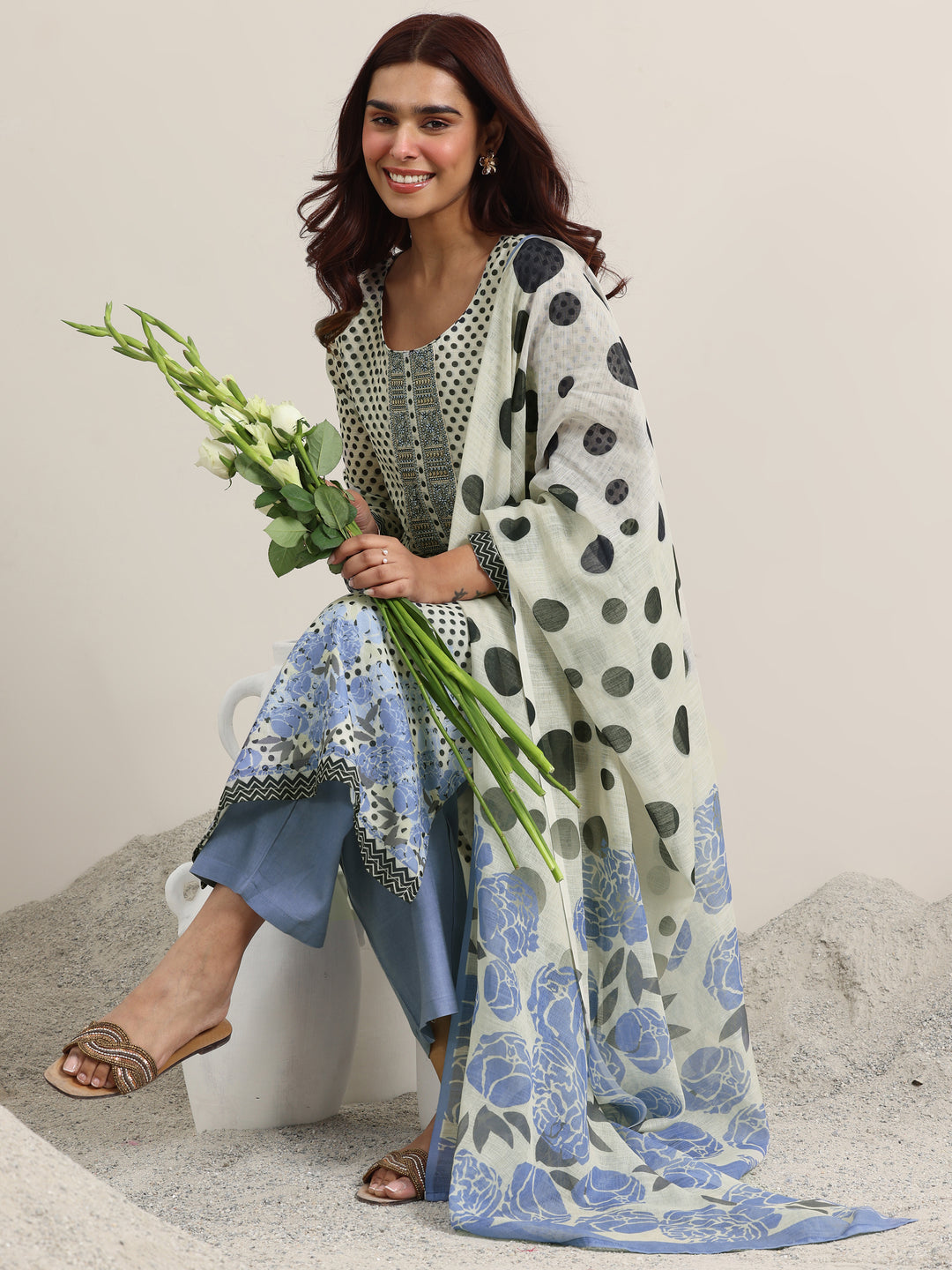 Off White Printed Linen Straight Suit With Dupatta