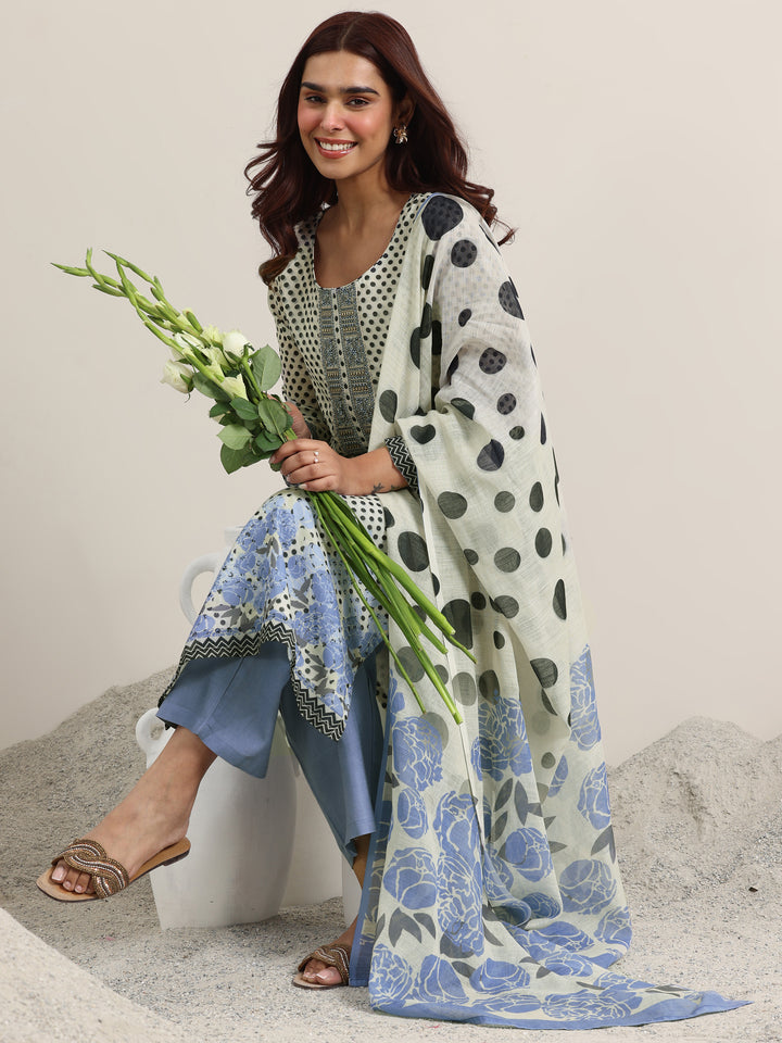 Off White Printed Linen Straight Suit With Dupatta