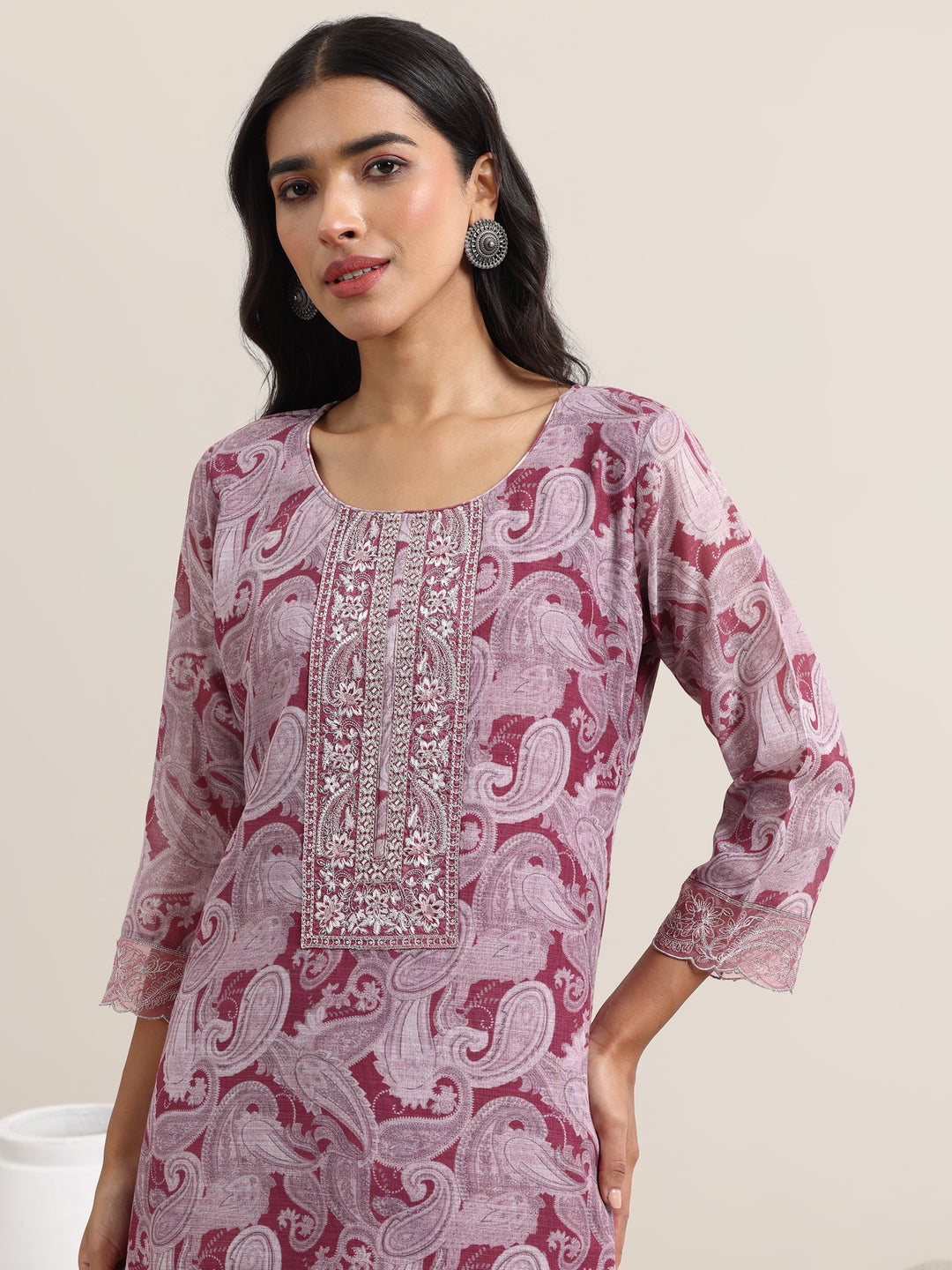 Pink Printed Linen Straight Suit With Dupatta