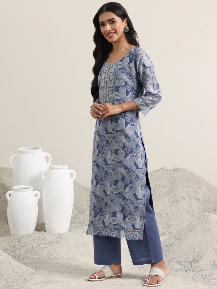 Blue Printed Linen Straight Suit With Dupatta