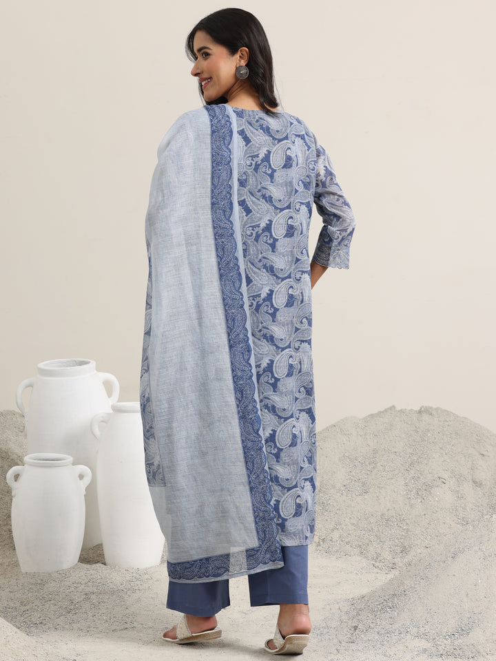Blue Printed Linen Straight Suit With Dupatta
