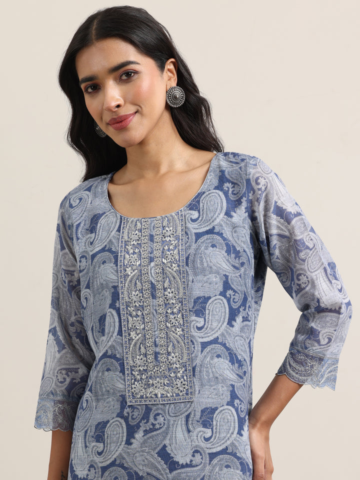 Blue Printed Linen Straight Suit With Dupatta