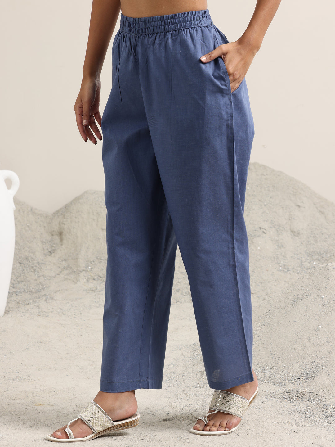 Blue Printed Linen Straight Suit With Dupatta