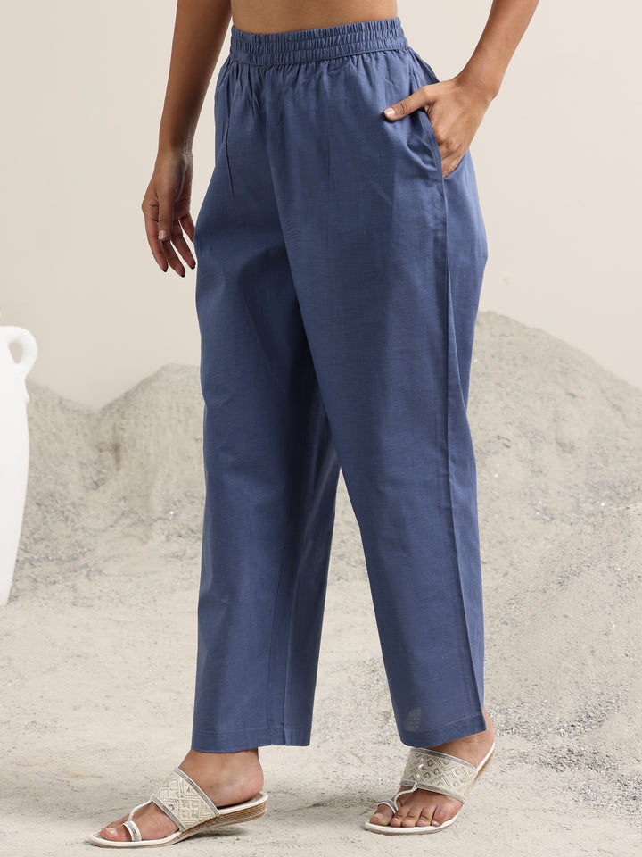 Blue Printed Linen Straight Suit With Dupatta