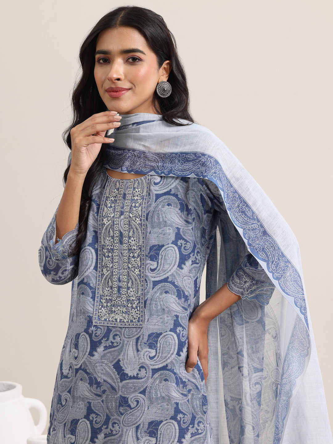 Blue Printed Linen Straight Suit With Dupatta