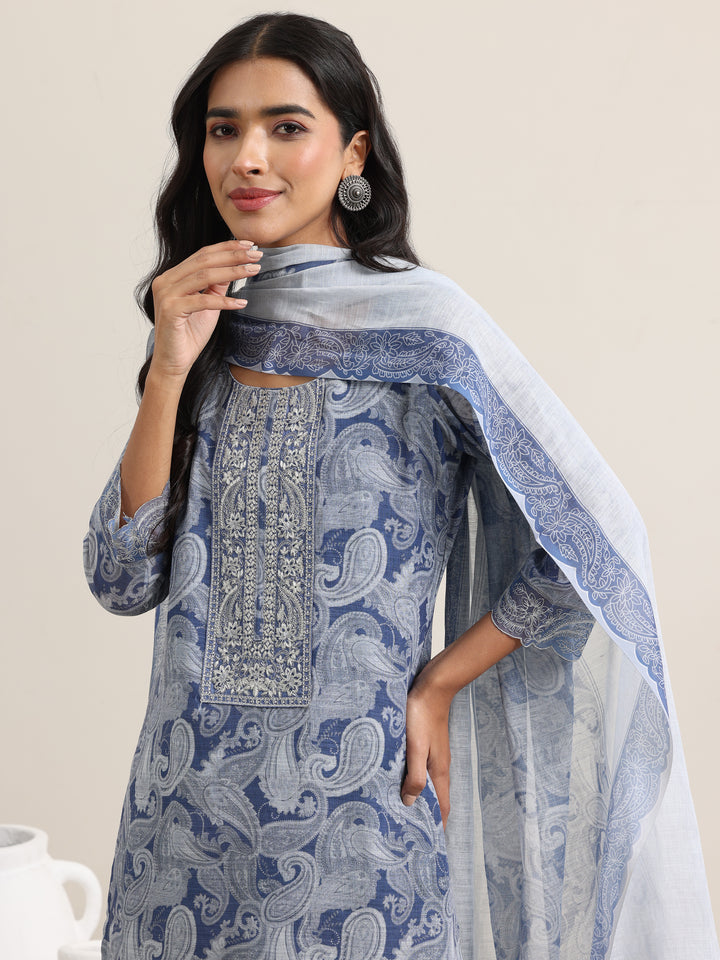 Blue Printed Linen Straight Suit With Dupatta