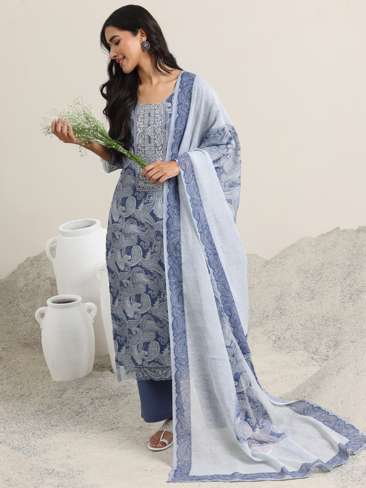 Blue Printed Linen Straight Suit With Dupatta