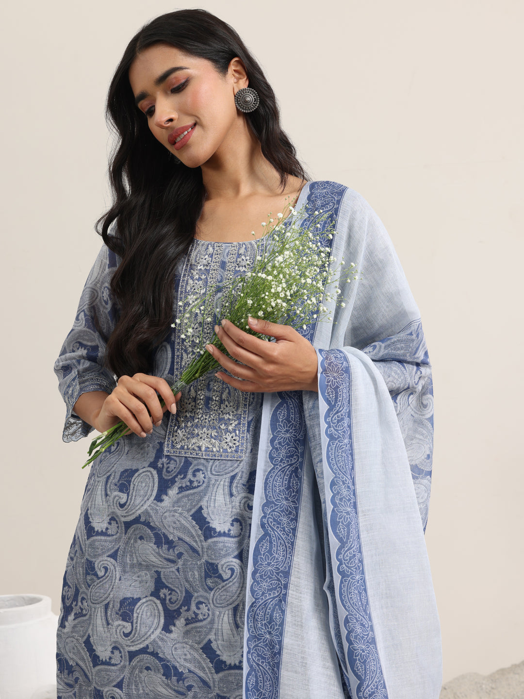 Blue Printed Linen Straight Suit With Dupatta