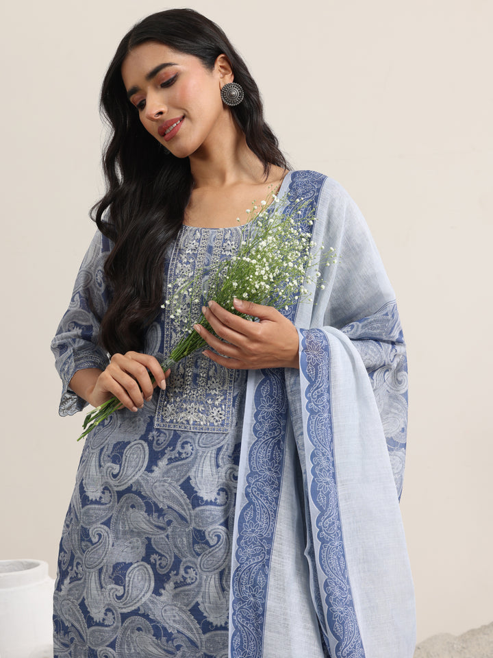 Blue Printed Linen Straight Suit With Dupatta