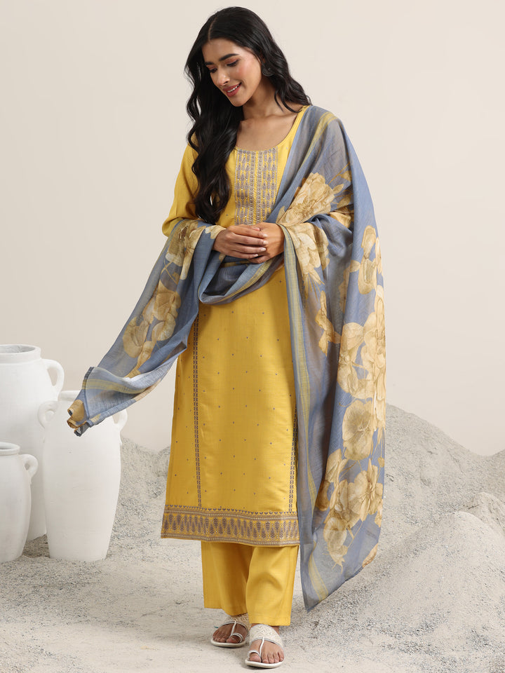 Mustard Printed Cotton Straight Suit With Dupatta