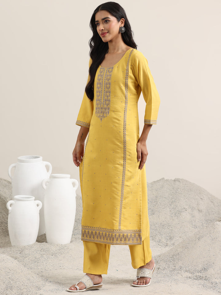 Mustard Printed Cotton Straight Suit With Dupatta