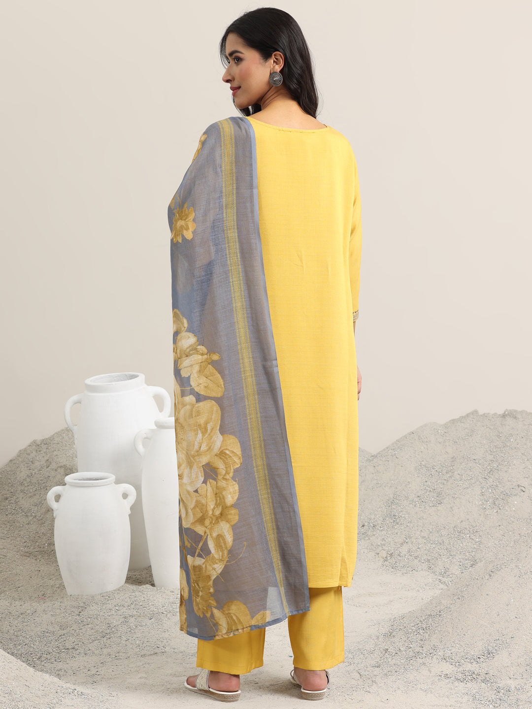 Mustard Printed Cotton Straight Suit With Dupatta