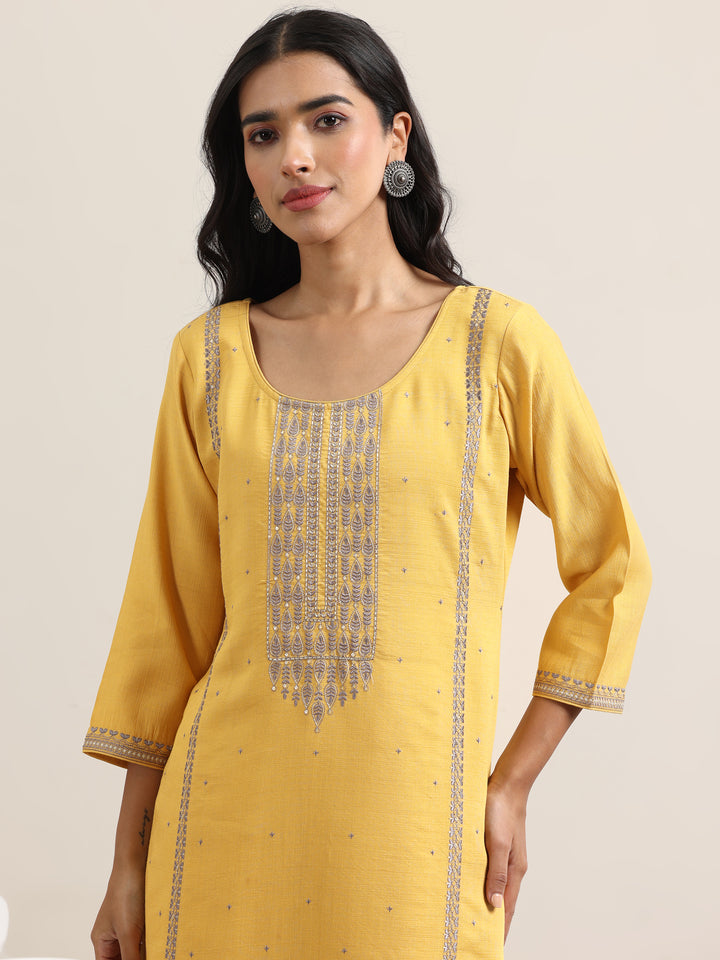 Mustard Printed Cotton Straight Suit With Dupatta