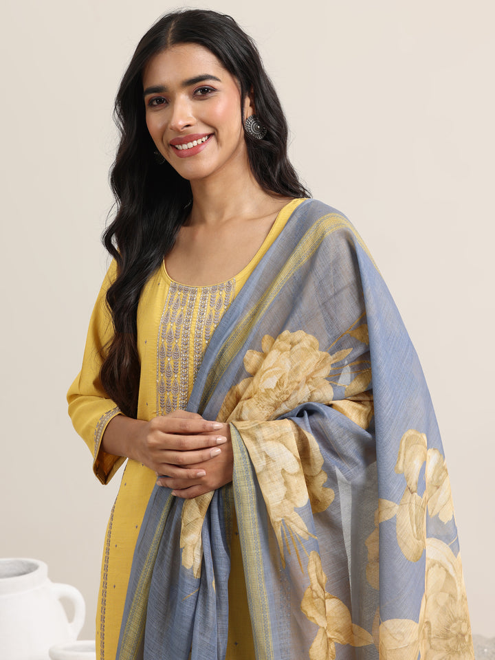 Mustard Printed Cotton Straight Suit With Dupatta