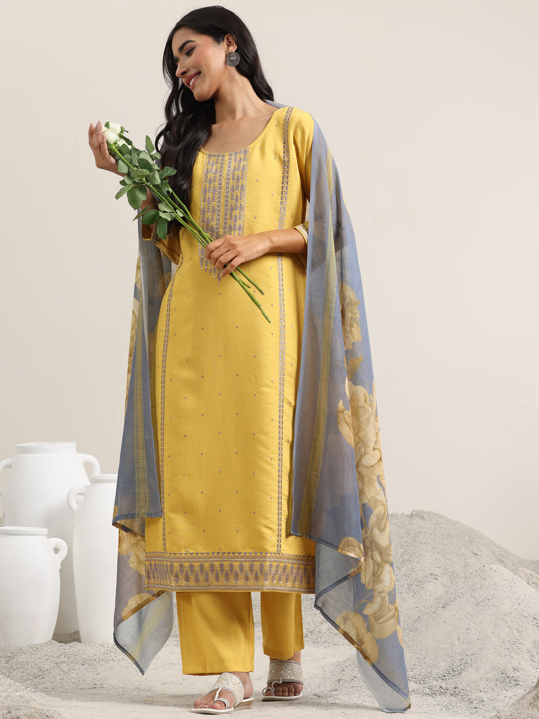 Mustard Printed Cotton Straight Suit With Dupatta