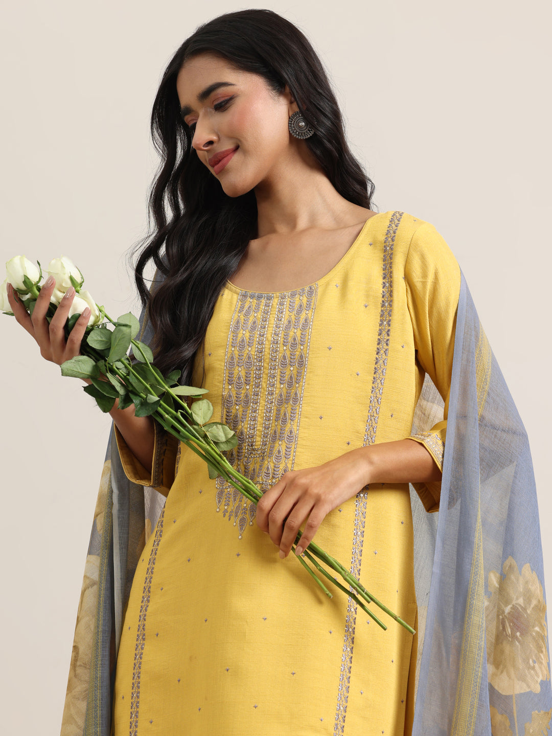 Mustard Printed Cotton Straight Suit With Dupatta