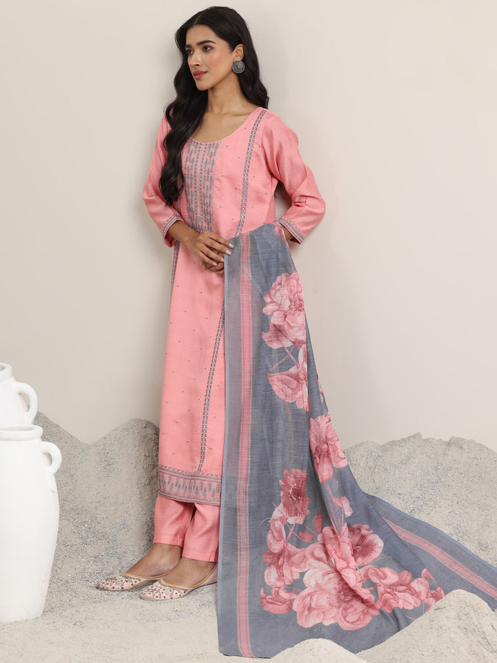 Pink Printed Cotton Straight Suit With Dupatta