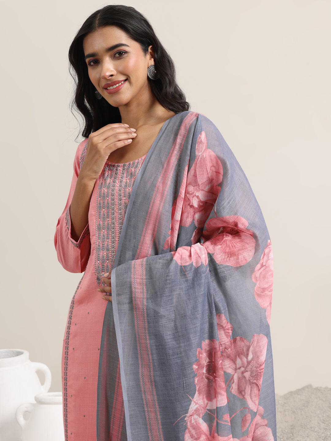 Pink Printed Cotton Straight Suit With Dupatta