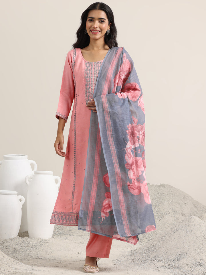 Pink Printed Cotton Straight Suit With Dupatta