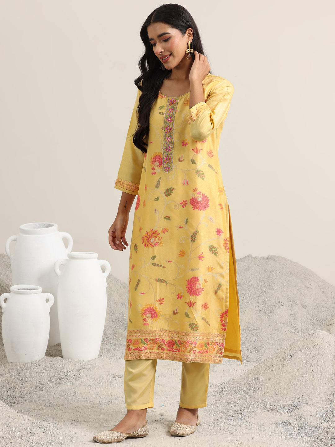 Yellow Woven Design Silk Blend Straight Suit With Dupatta