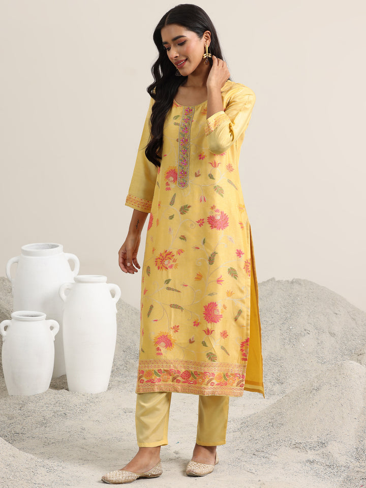 Yellow Woven Design Silk Blend Straight Suit With Dupatta