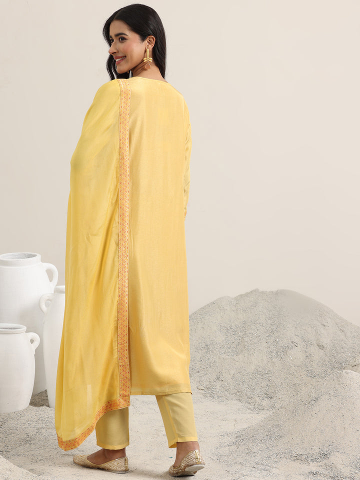 Yellow Woven Design Silk Blend Straight Suit With Dupatta