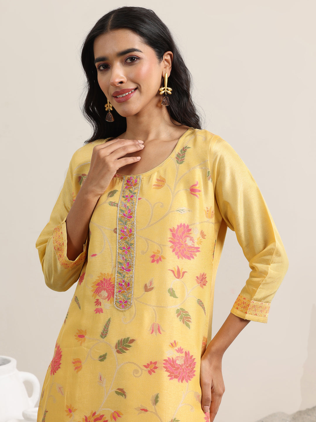 Yellow Woven Design Silk Blend Straight Suit With Dupatta