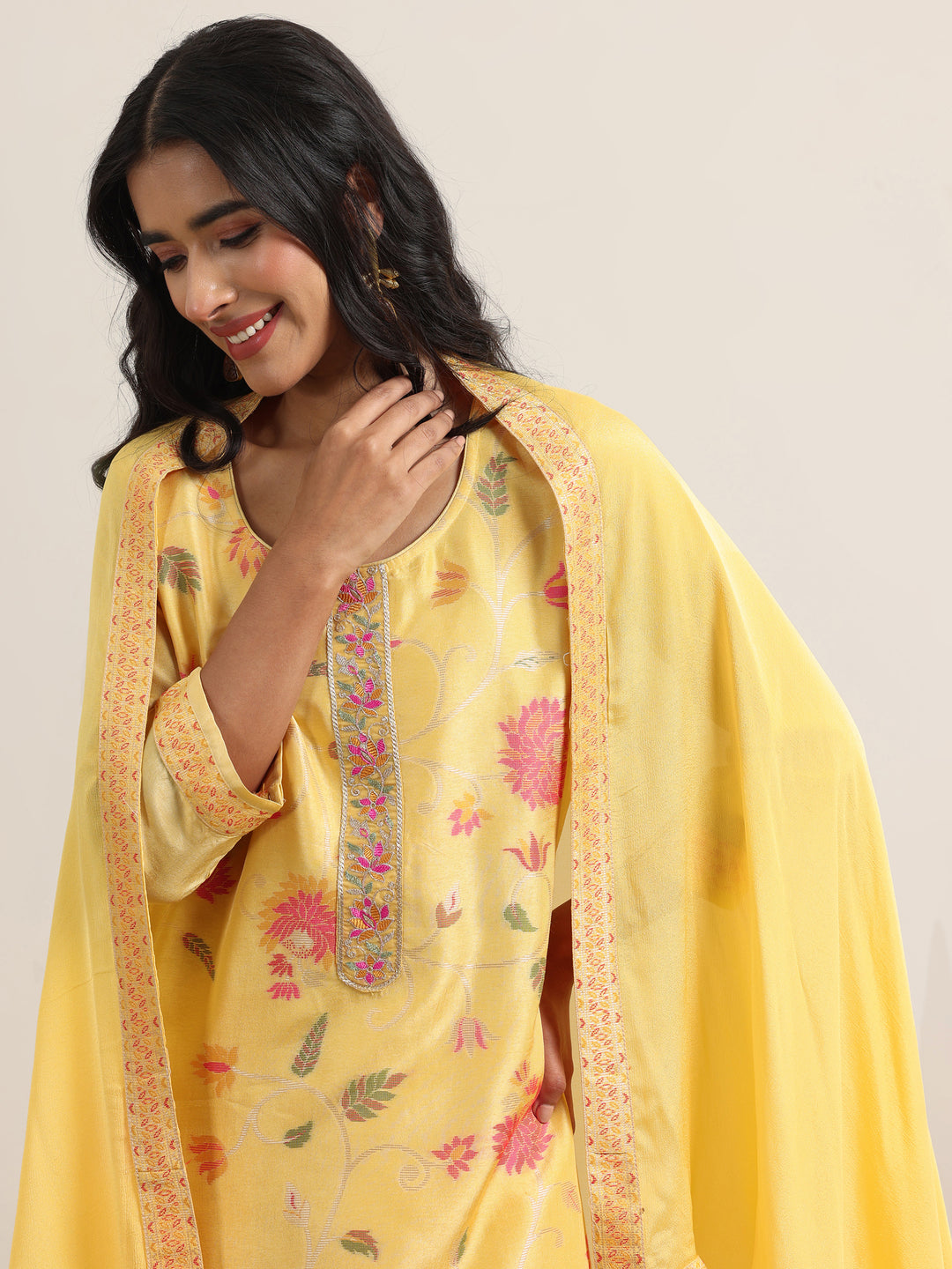 Yellow Woven Design Silk Blend Straight Suit With Dupatta