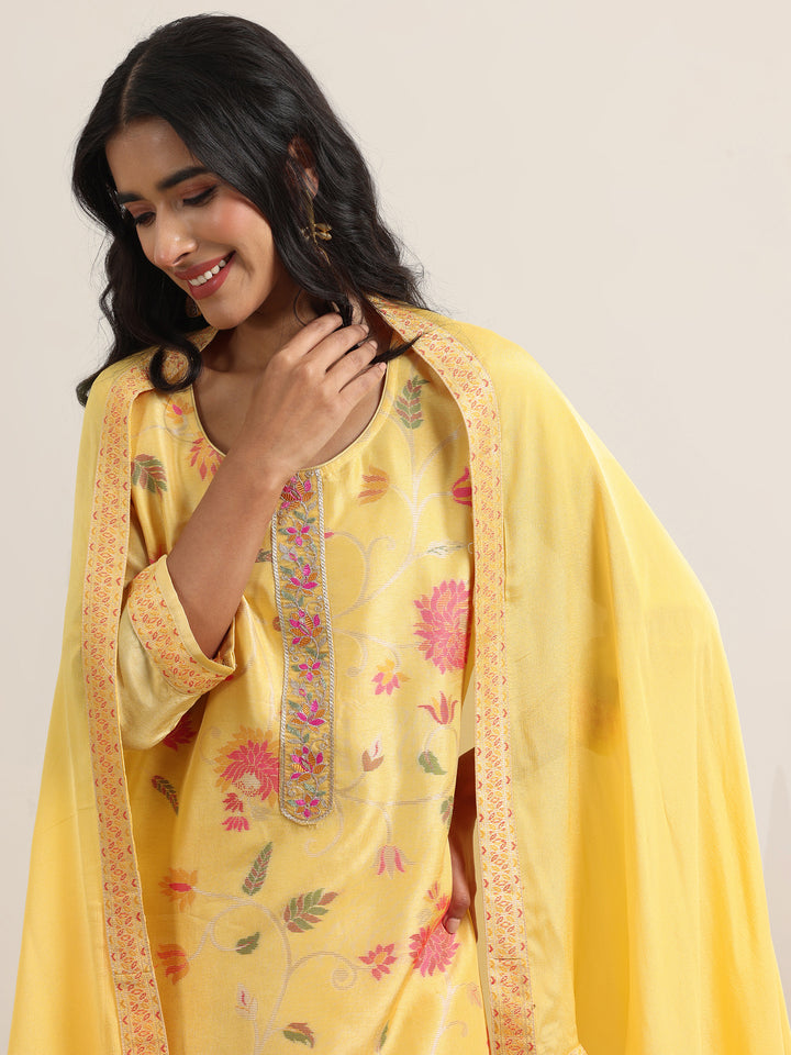 Yellow Woven Design Silk Blend Straight Suit With Dupatta