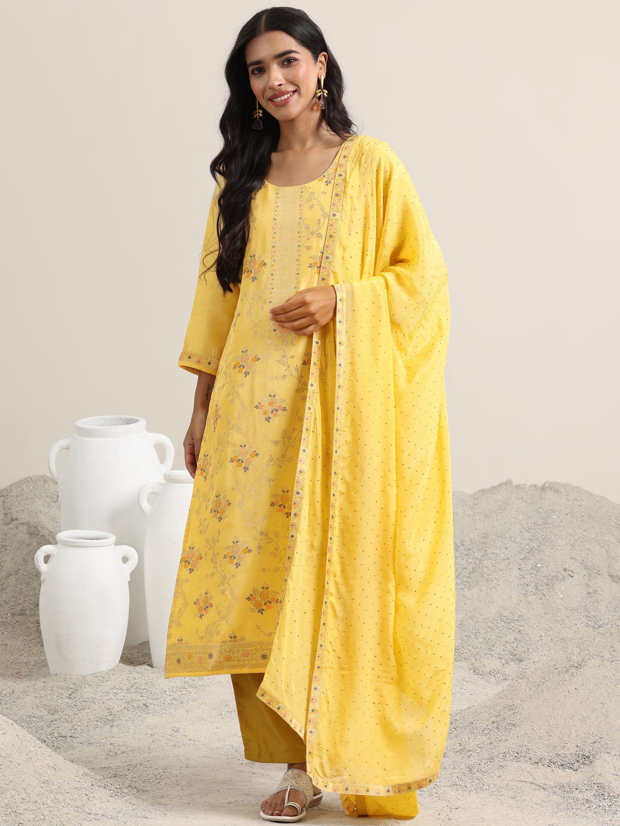 Yellow Embroidered Silk Blend Straight Suit With Dupatta