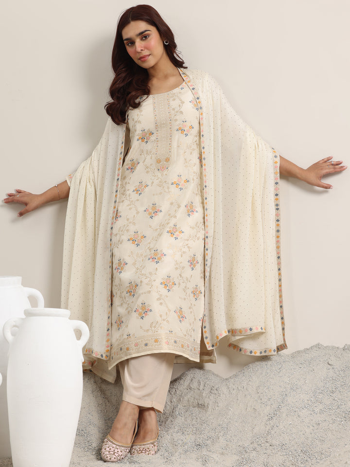 Beige Woven Design Silk Blend Straight Suit With Dupatta