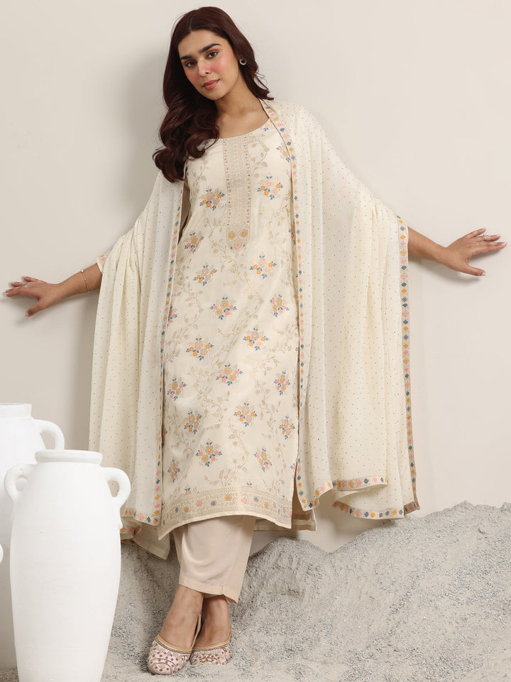 Beige Woven Design Silk Blend Straight Suit With Dupatta