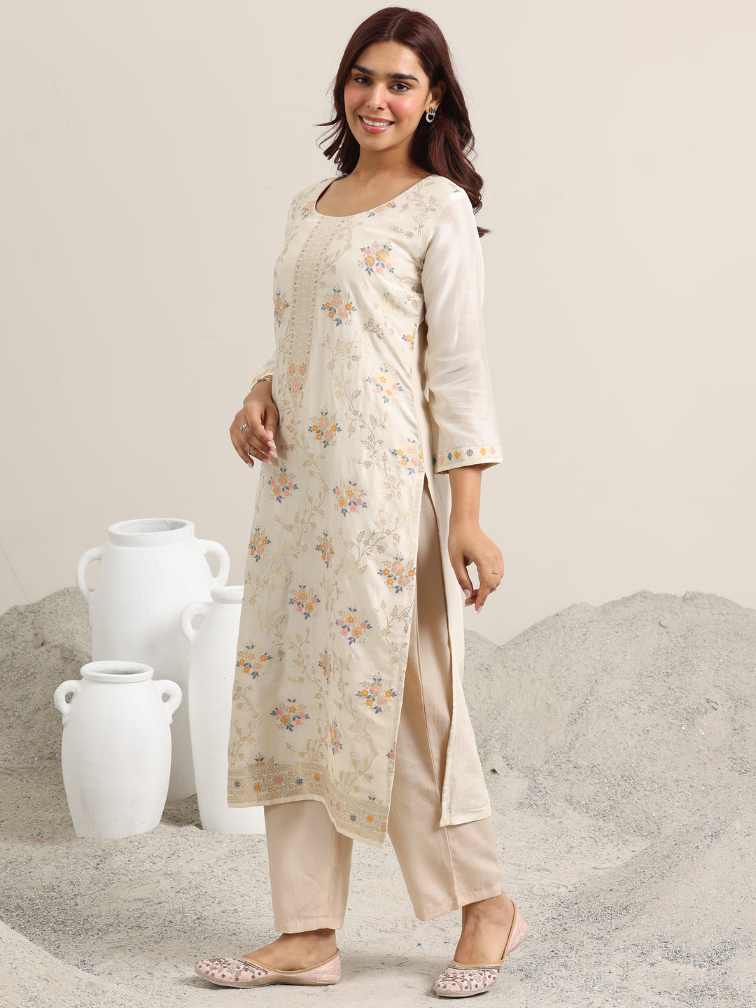 Beige Woven Design Silk Blend Straight Suit With Dupatta