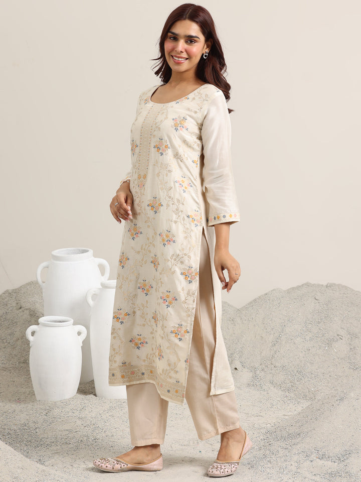 Beige Woven Design Silk Blend Straight Suit With Dupatta