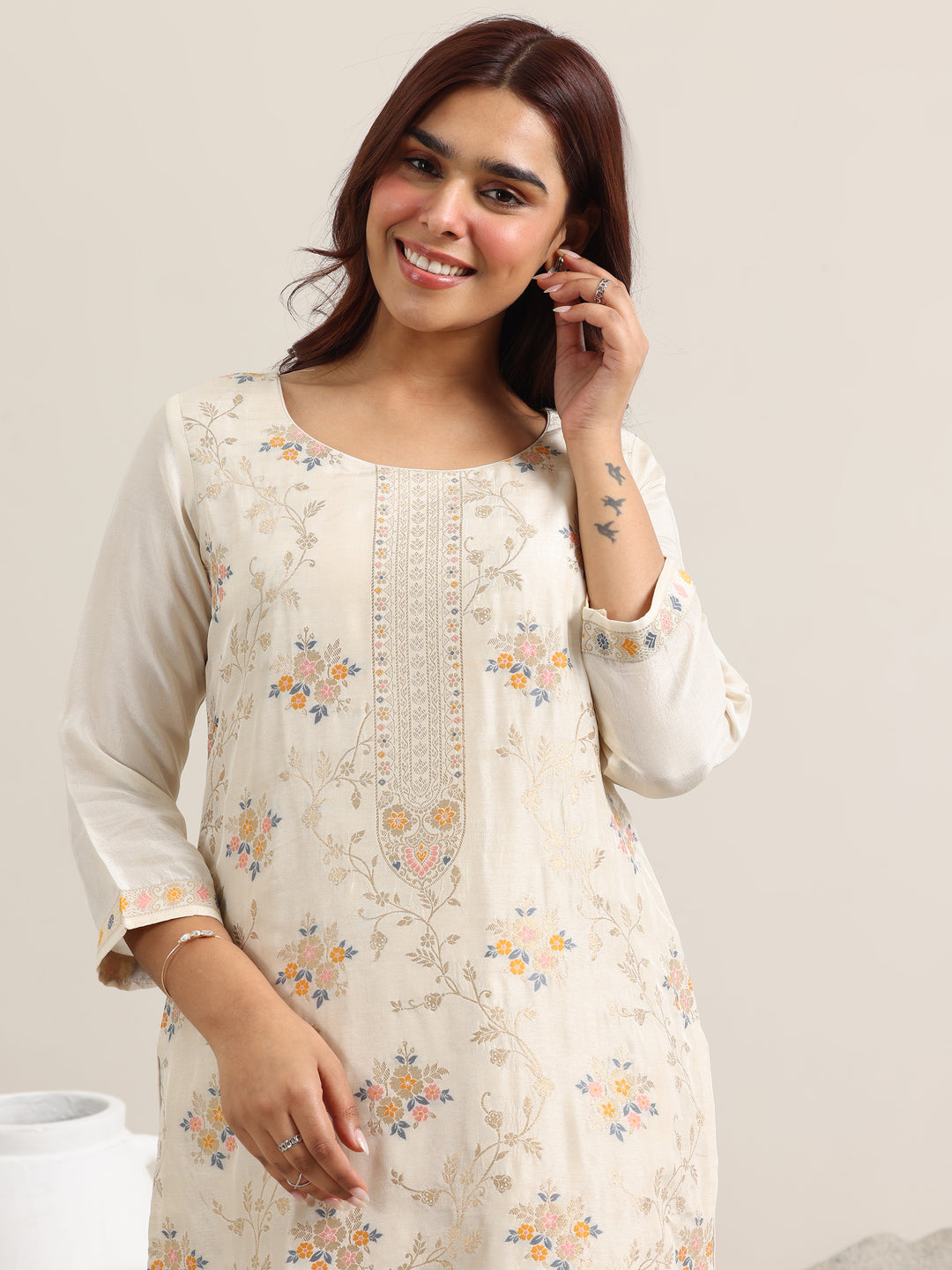 Beige Woven Design Silk Blend Straight Suit With Dupatta