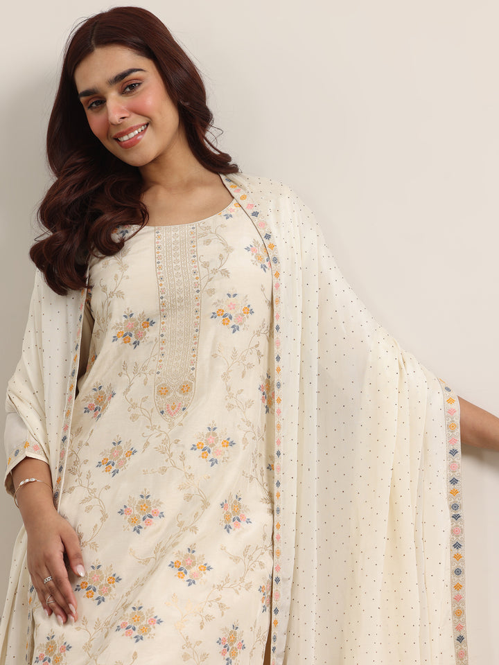Beige Woven Design Silk Blend Straight Suit With Dupatta