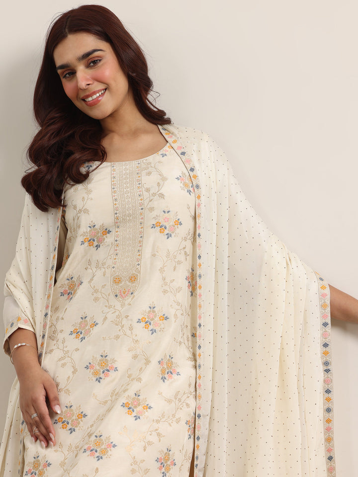 Beige Woven Design Silk Blend Straight Suit With Dupatta