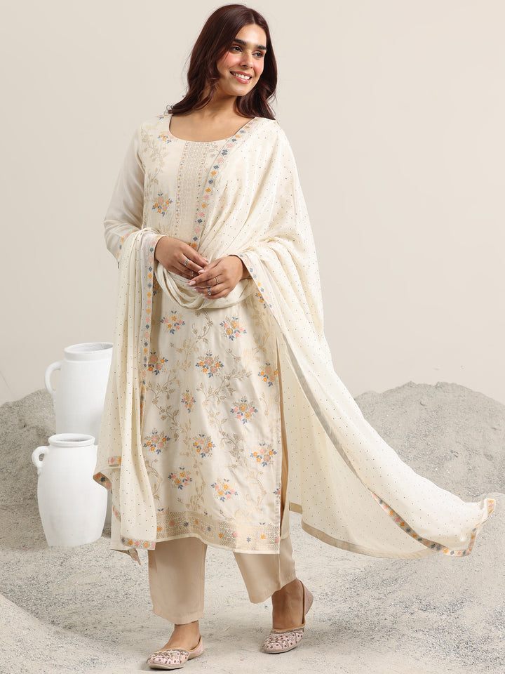Beige Woven Design Silk Blend Straight Suit With Dupatta