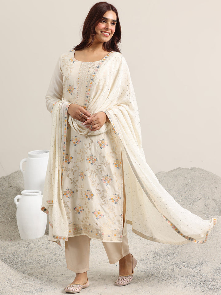 Beige Woven Design Silk Blend Straight Suit With Dupatta