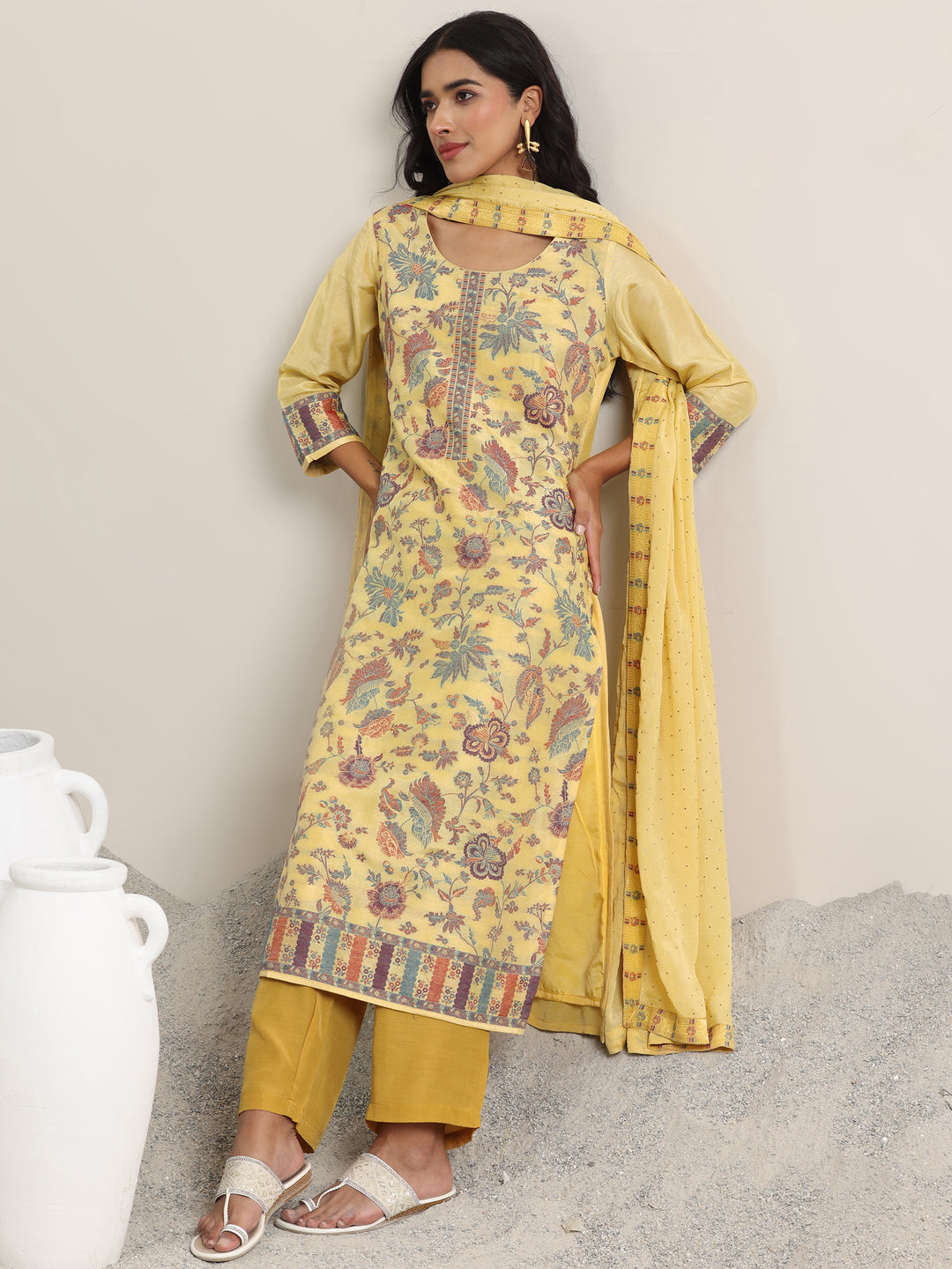 Yellow Woven Design Silk Blend Straight Suit With Dupatta