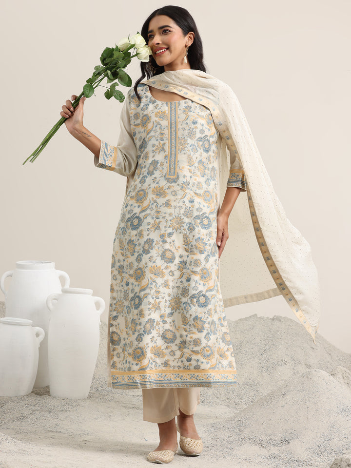 Beige Woven Design Silk Blend Straight Suit With Dupatta