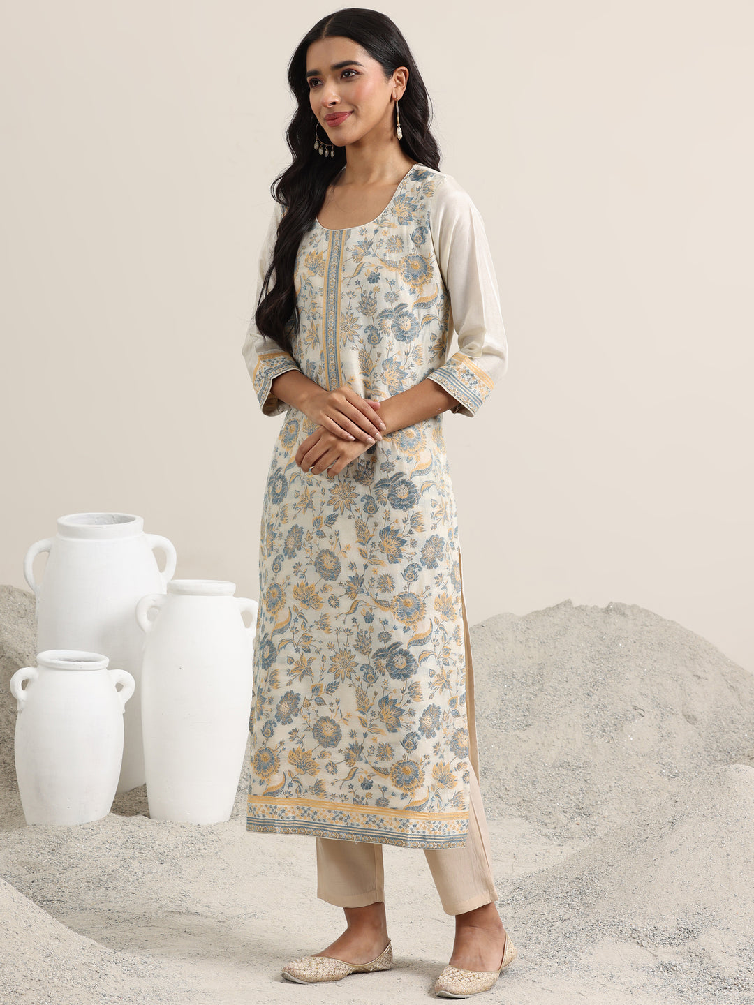 Beige Woven Design Silk Blend Straight Suit With Dupatta